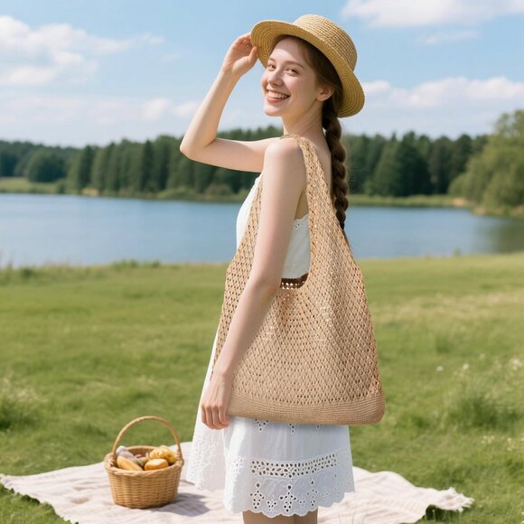 Women's Khaki Shoulder Shopping Handbag Casual Travel Totes Fold Able Bags - Picture 5 of 7